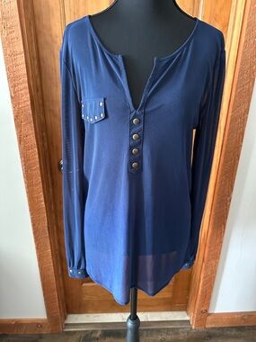 Stud-Trim Navy Long-Sleeve Henley Top